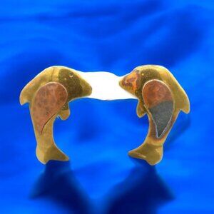 Vintage Artisan Earrings Dolphins Pierced Wire Mixed Metals